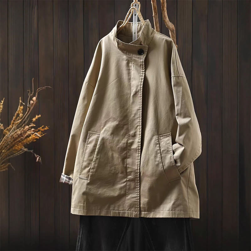 Giacca da donna in cotone di media lunghezza con bottoni autunnali, maniche lunghe e tasche , Buddha Stones - Grano - US4， UK/AU8，EU36-38 (F) - image 2