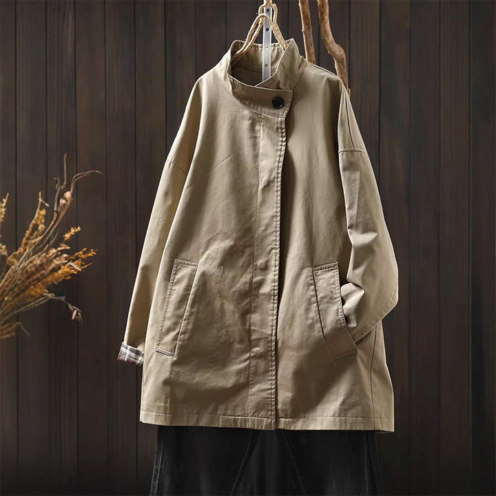 Giacca da donna in cotone di media lunghezza con bottoni autunnali, maniche lunghe e tasche , Buddha Stones - Grano - US4， UK/AU8，EU36-38 (F) - image 2