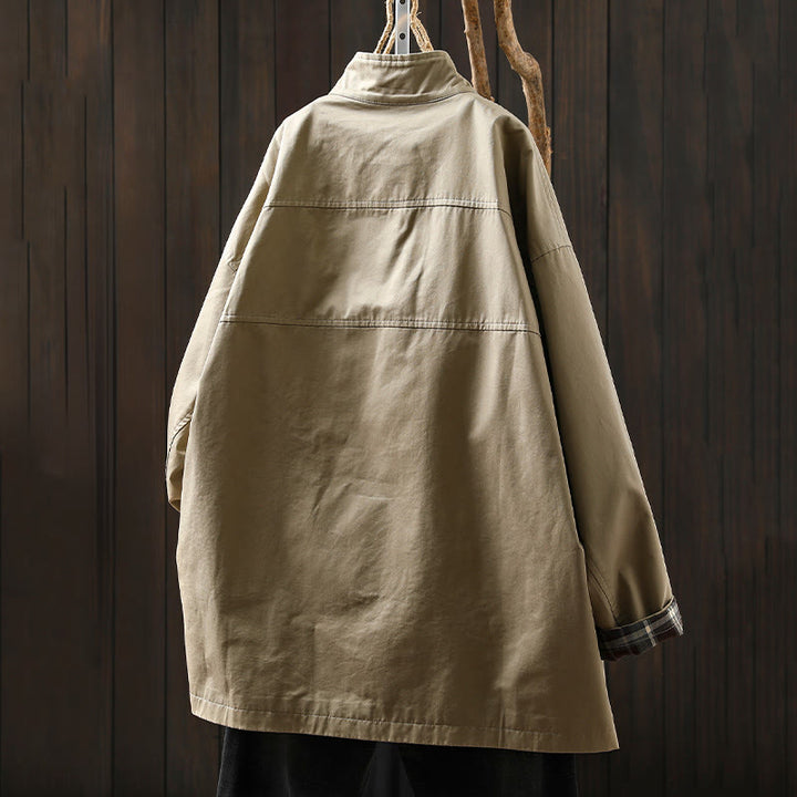 Giacca da donna in cotone di media lunghezza con bottoni autunnali, maniche lunghe e tasche , Buddha Stones - image 3