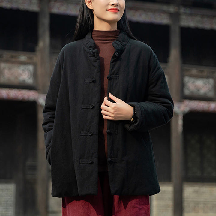 Giacca termica invernale da donna in cotone a maniche lunghe con bottoni a rana Buddha Stones e tasche - image 12