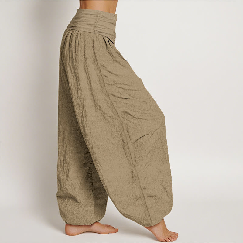 Pantaloni harem da donna in cotone con elastico in vita, tinta unita, color cammello , Buddha Stones - image 2