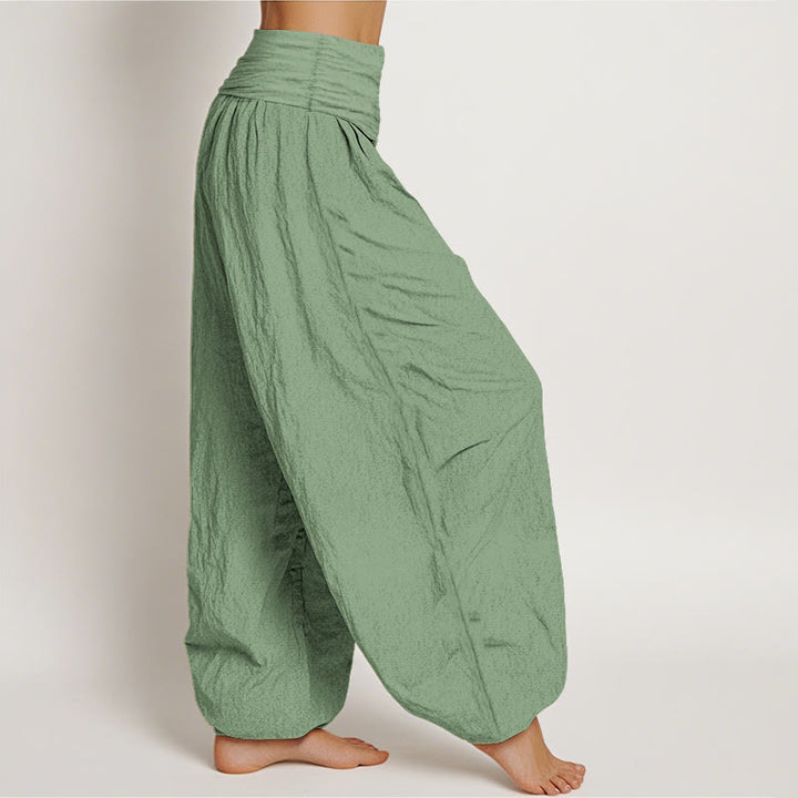 Pantaloni harem da donna in cotone verde tinta unita con elastico in vita Buddha Stones - image 2