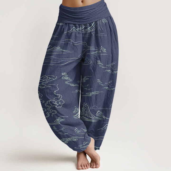 Pantaloni harem da donna con elastico in vita, motivo Buddha Stones Cotton Mountain Moon e nuvole di buon auspicio - SteelBlue - US22, UK/AU26, EU54 (6XL) - image 4