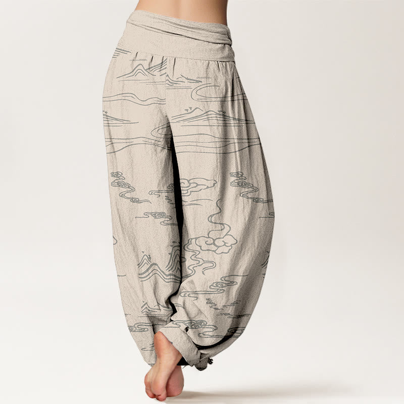 Pantaloni harem da donna con elastico in vita, motivo Buddha Stones Cotton Mountain Moon e nuvole di buon auspicio - image 9