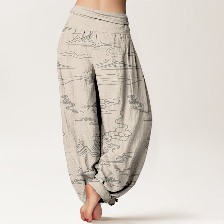 Pantaloni harem da donna con elastico in vita, motivo Buddha Stones Cotton Mountain Moon e nuvole di buon auspicio - image 9
