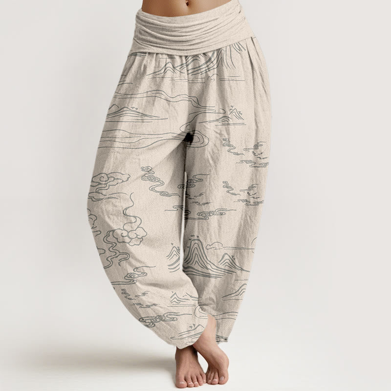 Pantaloni harem da donna con elastico in vita, motivo Buddha Stones Cotton Mountain Moon e nuvole di buon auspicio - Beige - US22, UK/AU26, EU54 (6XL) - image 7