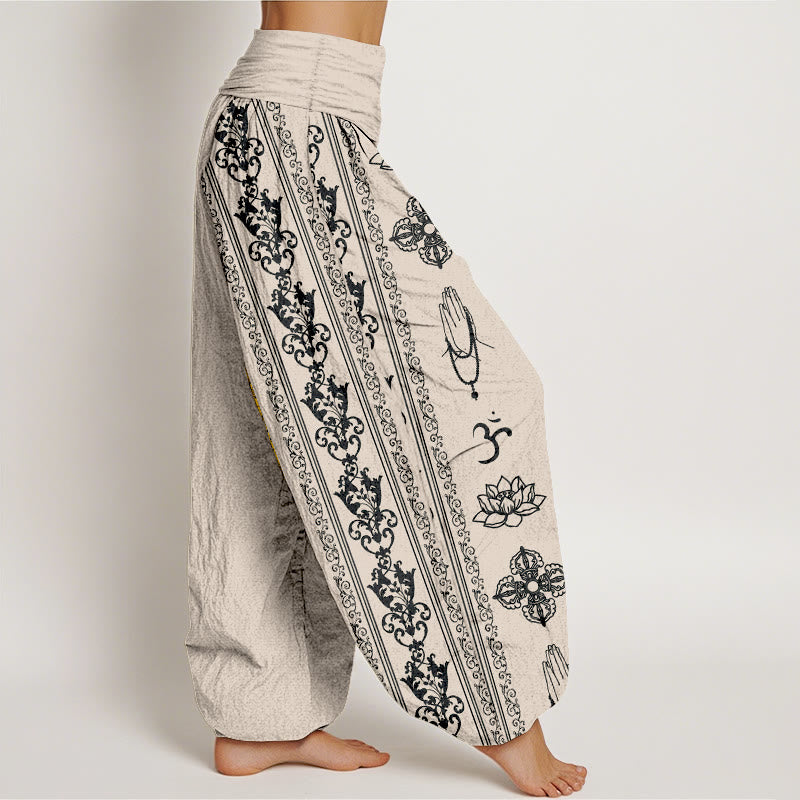 Pantaloni harem da donna con elastico in vita, in puro cotone, Buddha Stones e fiori di loto, doppio Dorje, Vajra, Namaste e Om. - image 13