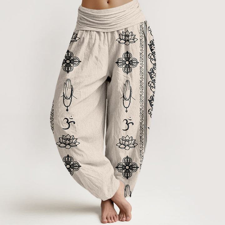 Pantaloni harem da donna con elastico in vita, motivo Buddha Stones Cotton Lotus Flowers Double Dorje Vajra Namaste Om - Beige - US22, UK/AU26, EU54 (6XL) - image 11