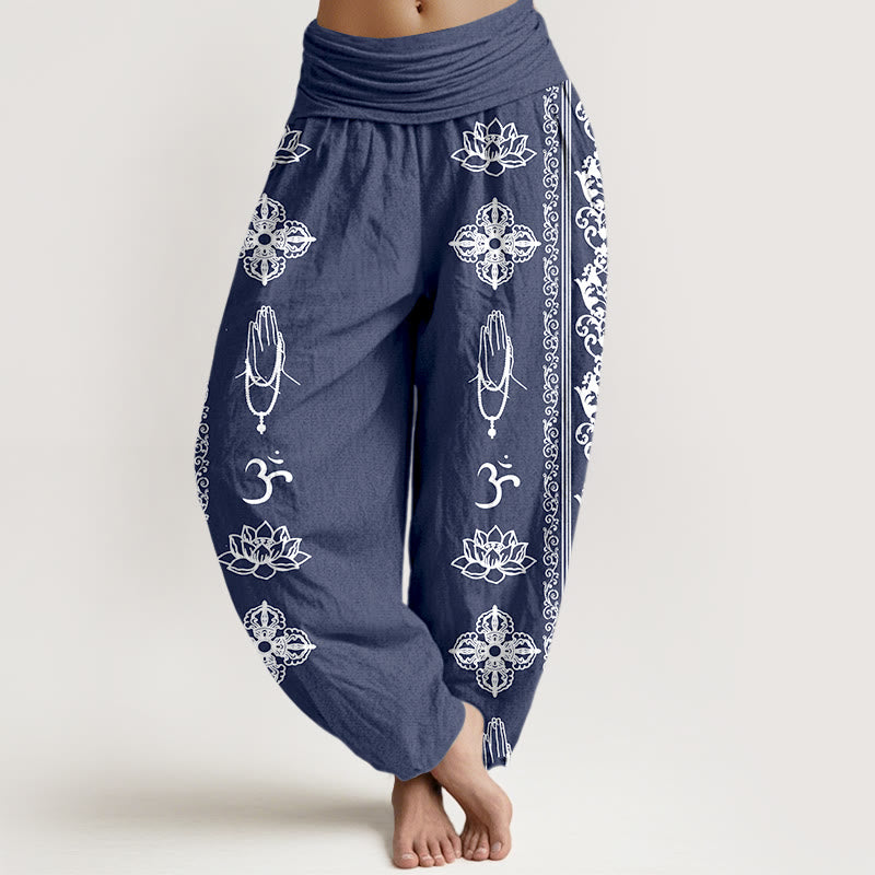 Pantaloni harem da donna con elastico in vita, motivo Buddha Stones Cotton Lotus Flowers Double Dorje Vajra Namaste Om - SteelBlue - US22, UK/AU26, EU54 (6XL) - image 14