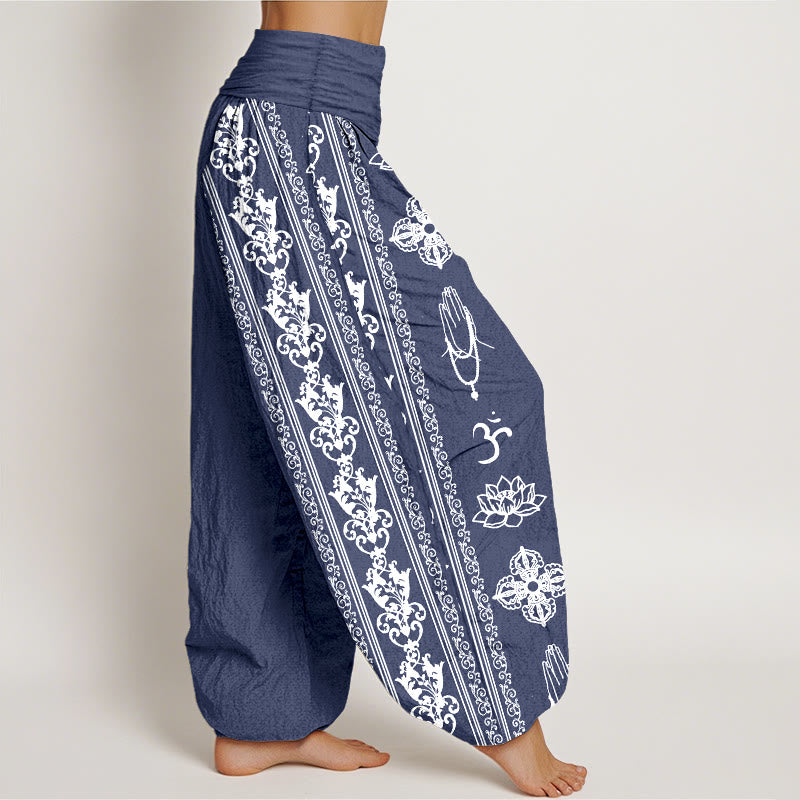 Pantaloni harem da donna con elastico in vita, in puro cotone, Buddha Stones e fiori di loto, doppio Dorje, Vajra, Namaste e Om. - image 16