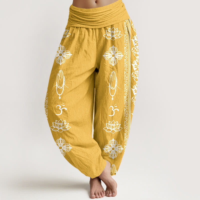Pantaloni harem da donna con elastico in vita, in puro cotone, Buddha Stones e fiori di loto, doppio Dorje, Vajra, Namaste e Om. - Oro - US22, UK/AU26, EU54 (6XL) - image 17