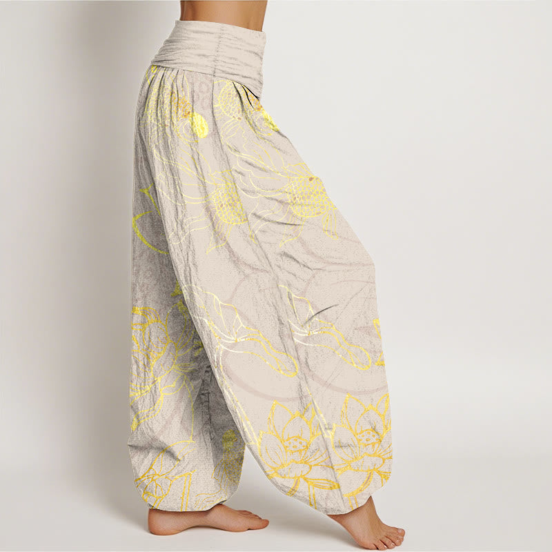 Pantaloni harem da donna con elastico in vita, Buddha Stones, in cotone, con foglie di loto e pesci koi - image 8