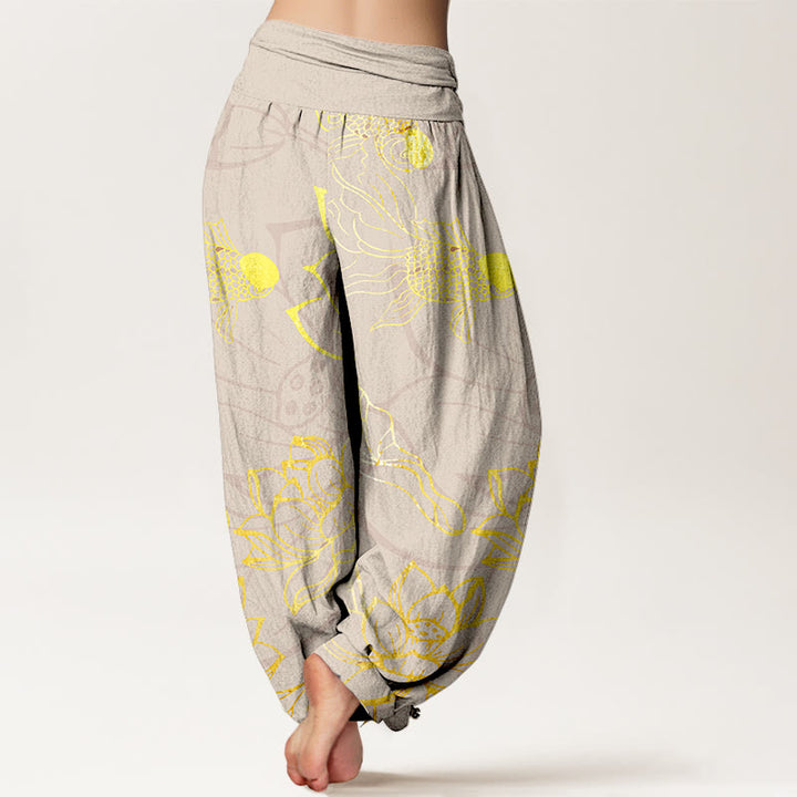 Pantaloni harem da donna con elastico in vita, Buddha Stones, in cotone, con foglie di loto e pesci koi - image 9