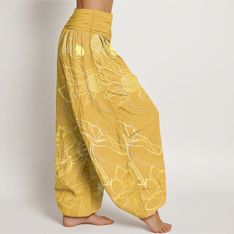 Pantaloni harem da donna con elastico in vita, Buddha Stones, in cotone, con foglie di loto e pesci koi - image 11