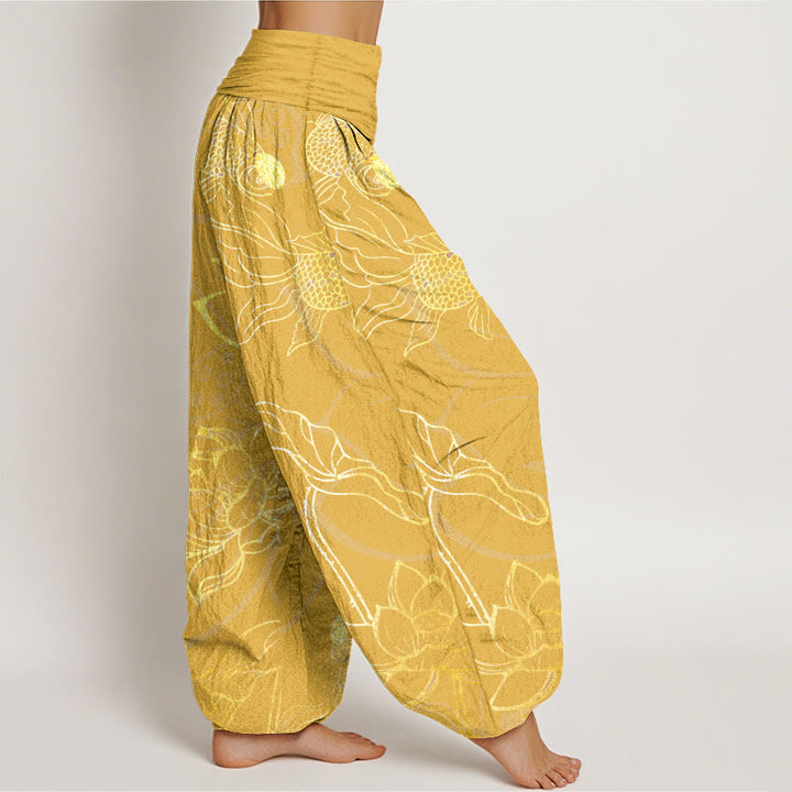 Pantaloni harem da donna con elastico in vita, Buddha Stones, in cotone, con foglie di loto e pesci koi - image 11