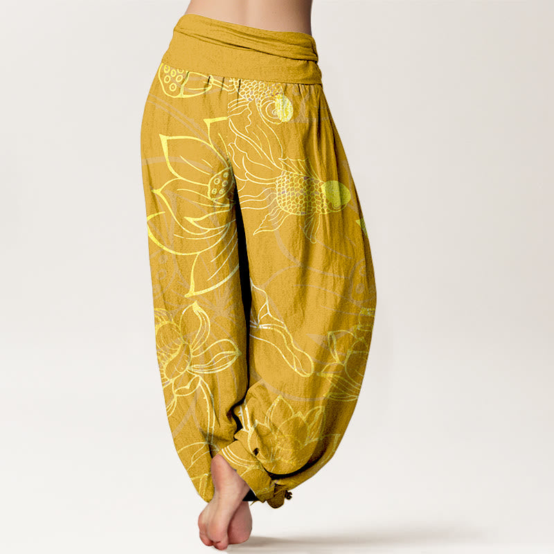 Pantaloni harem da donna con elastico in vita, Buddha Stones, in cotone, con foglie di loto e pesci koi - image 12