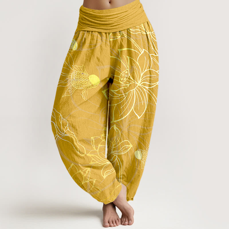 Pantaloni harem da donna con elastico in vita, in puro cotone, con foglie di loto e pesci koi, motivo Buddha Stones - Oro - US22, UK/AU26, EU54 (6XL) - image 11