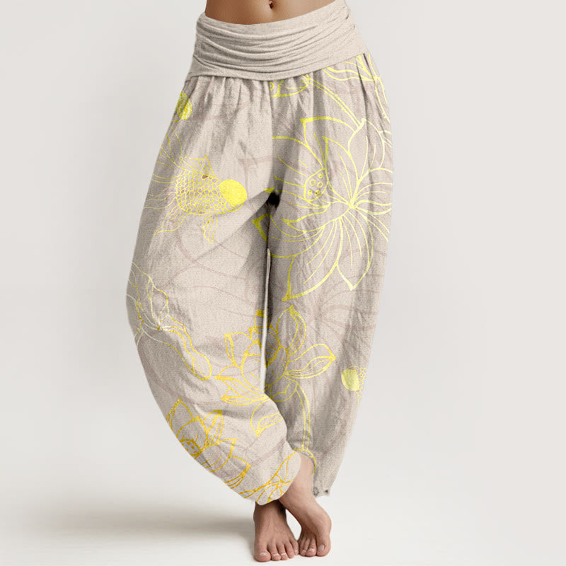 Pantaloni harem da donna con elastico in vita, in puro cotone, con foglie di loto e pesci koi, motivo Buddha Stones - Beige - US22, UK/AU26, EU54 (6XL) - image 8