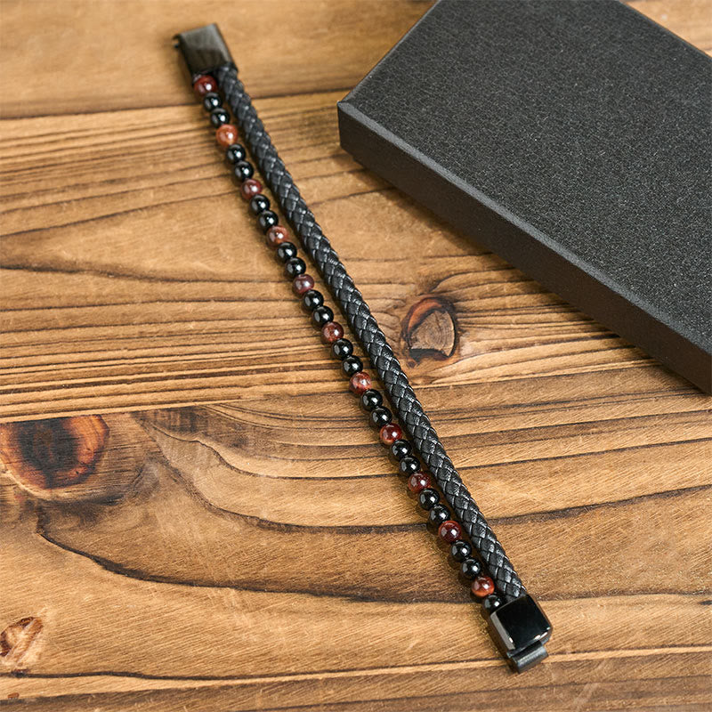 Bracciale di protezione in pelle, acciaio al titanio, onice nero, occhio di tigre Buddha Stones - image 4