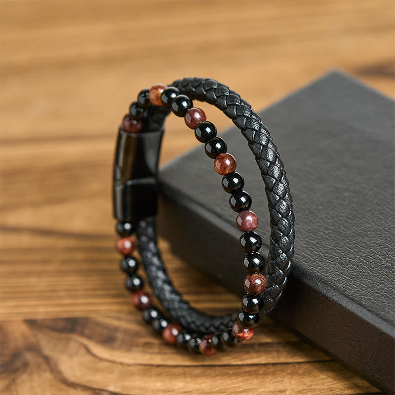 Bracciale di protezione in pelle, acciaio al titanio, onice nero, occhio di tigre Buddha Stones - image 3