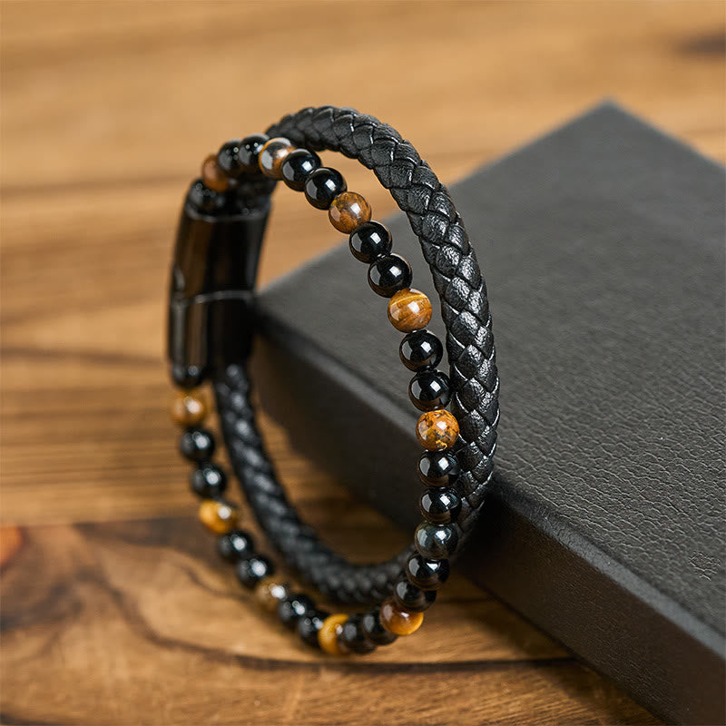 Bracciale di protezione in pelle, acciaio al titanio, onice nero, occhio di tigre Buddha Stones - image 12