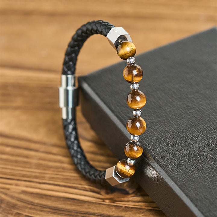 Bracciale in pelle con occhio di tigre, acciaio al titanio Buddha Stones, per l'equilibrio del coraggio - image 1