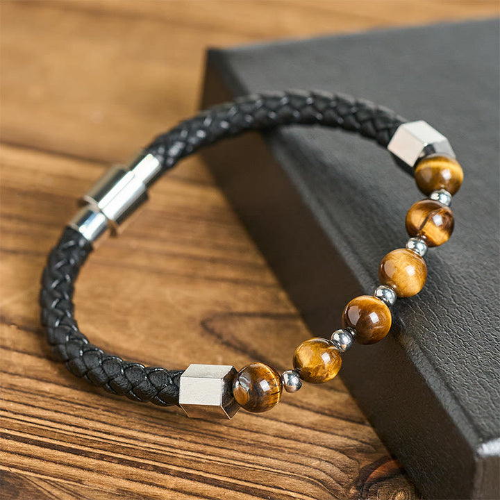 Bracciale in pelle con occhio di tigre, acciaio al titanio Buddha Stones, per l'equilibrio del coraggio - Occhio di tigre (circonferenza del polso: 18-19 cm) - image 0