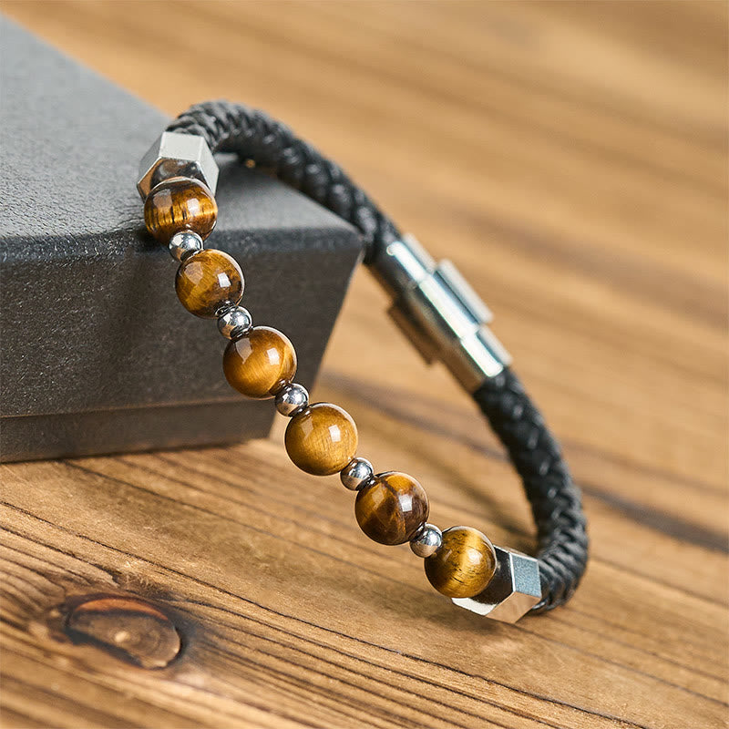 Bracciale in pelle con occhio di tigre, acciaio al titanio Buddha Stones, per l'equilibrio del coraggio - image 3