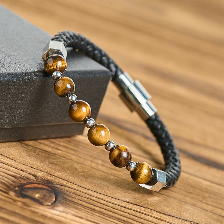 Bracciale in pelle con occhio di tigre, acciaio al titanio Buddha Stones, per l'equilibrio del coraggio - image 3