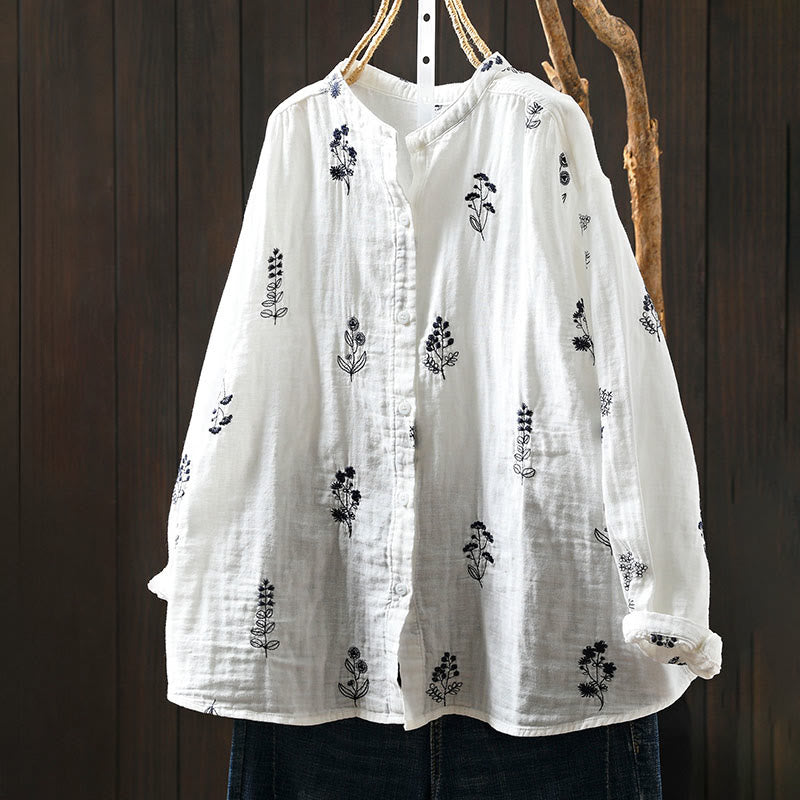 Camicia da donna in cotone a maniche lunghe con bottoni e ricamo floreale Buddha Stones - Bianco - US4， UK/AU8，EU36-38 (F) - image 0