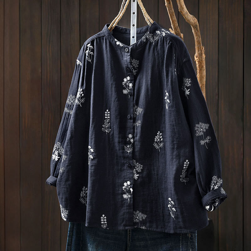 Camicia da donna in cotone a maniche lunghe con bottoni e ricamo floreale Buddha Stones - SteelBlue - US4， UK/AU8，EU36-38 (F) - image 14