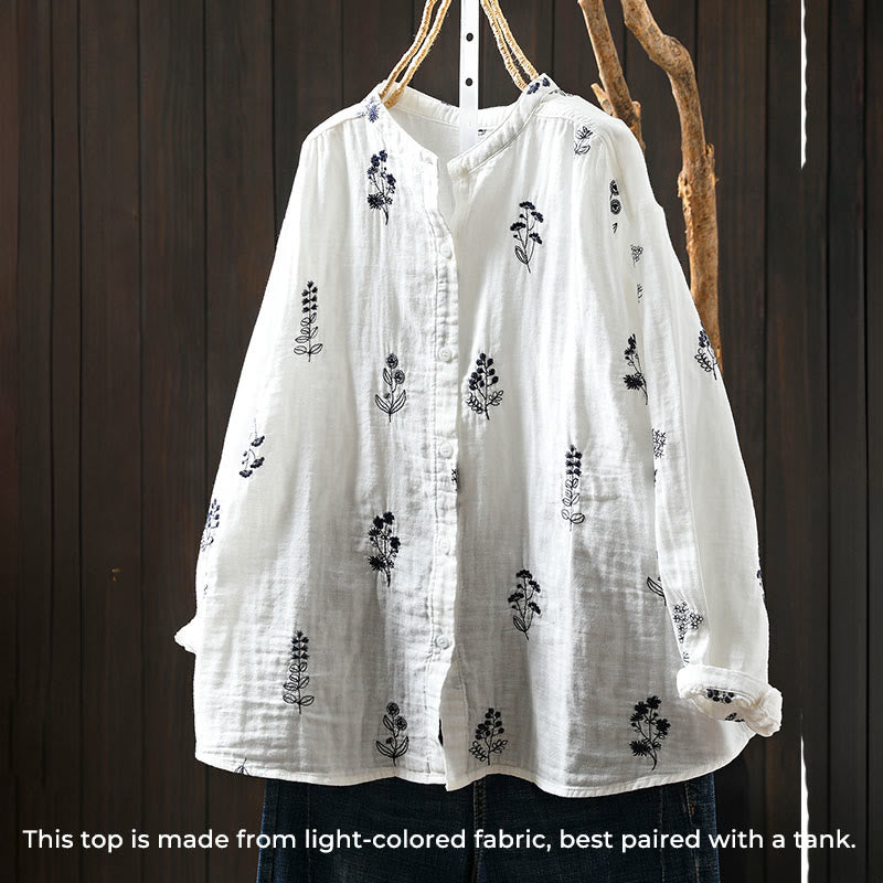 Camicia da donna in cotone a maniche lunghe con bottoni e ricamo floreale Buddha Stones - image 4