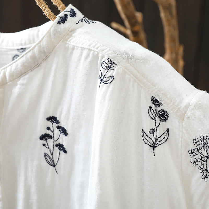 Camicia da donna in cotone a maniche lunghe con bottoni e ricamo floreale Buddha Stones - image 7