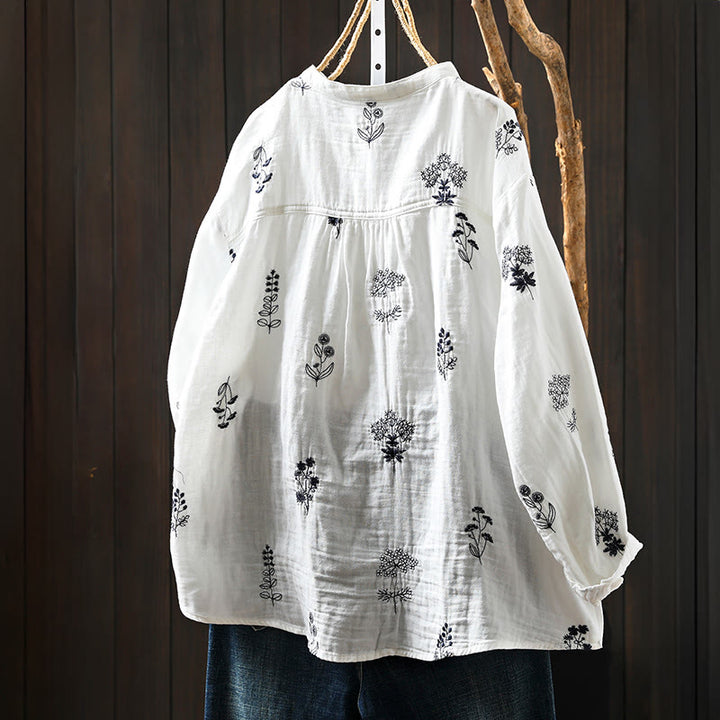 Camicia da donna in cotone a maniche lunghe con bottoni e ricamo floreale Buddha Stones - image 1