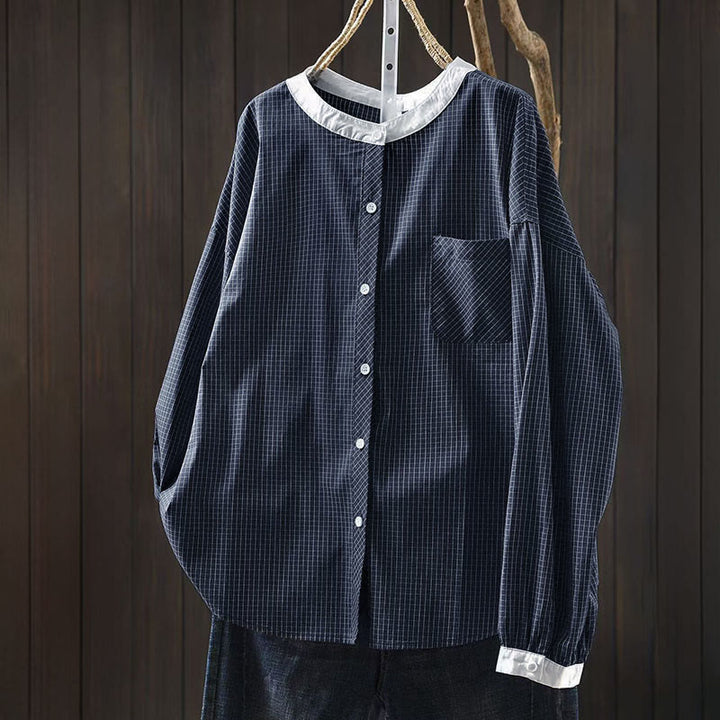 Camicia da donna in cotone a maniche lunghe con bottoni a contrasto e motivo a Buddha Stones - SteelBlue - US4， UK/AU8，EU36-38 (F) - image 0