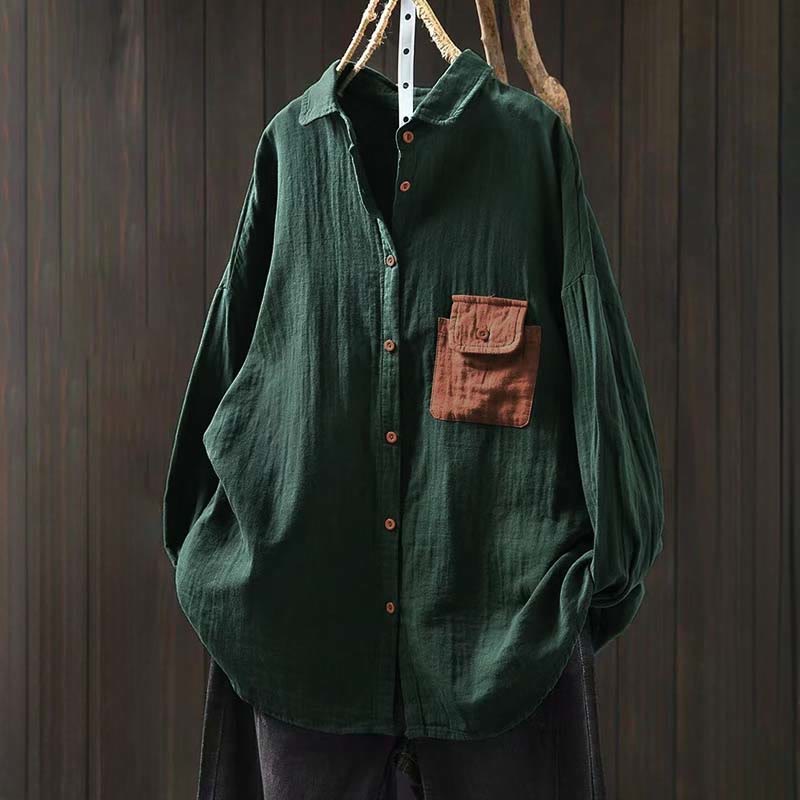 Camicia da donna in cotone a maniche lunghe con bottoni a contrasto e tasche Buddha Stones Fall - Verdemare medio - US4-8/10， UK/AU8-12/14，EU36-40/42 (F) - image 0