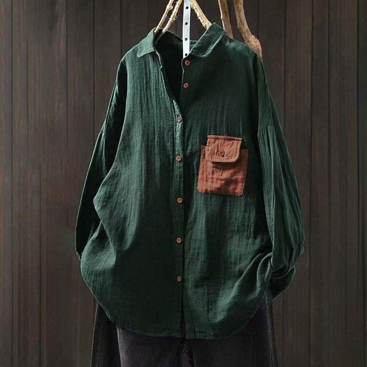 Camicia da donna in cotone a maniche lunghe con bottoni a contrasto e tasche Buddha Stones Fall - Verdemare medio - US4-8/10， UK/AU8-12/14，EU36-40/42 (F) - image 0