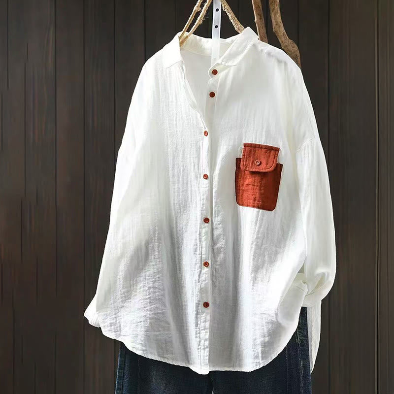Camicia da donna in cotone a maniche lunghe con bottoni a contrasto e tasche Buddha Stones Fall - Bianco - US4-8/10， UK/AU8-12/14，EU36-40/42 (F) - image 11