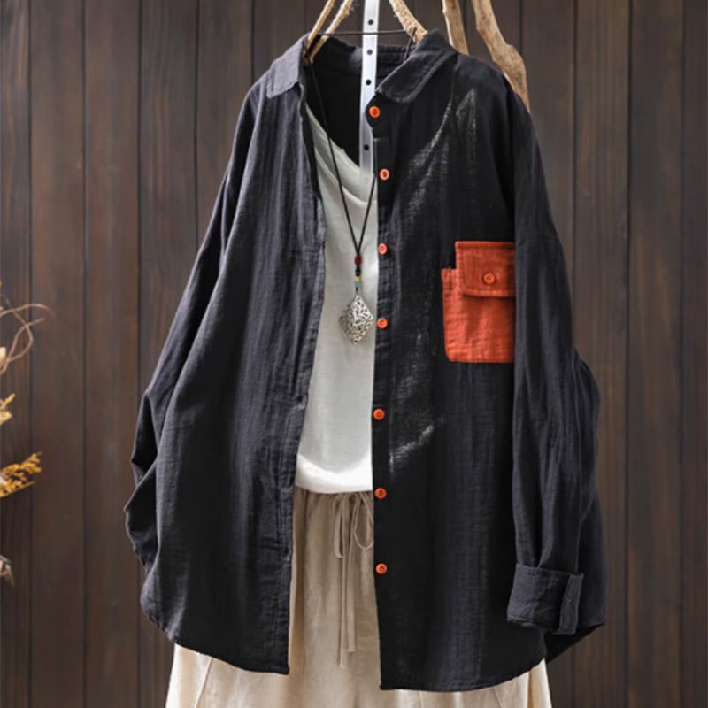 Camicia da donna in cotone a maniche lunghe con bottoni a contrasto e tasche Buddha Stones Fall - Nero - US4-8/10， UK/AU8-12/14，EU36-40/42 (F) - image 18