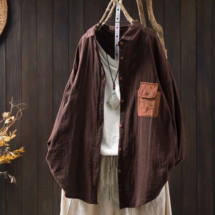 Camicia da donna in cotone a maniche lunghe con bottoni a contrasto e tasche Buddha Stones Fall - Marrone sella - US4-8/10， UK/AU8-12/14，EU36-40/42 (F) - image 20