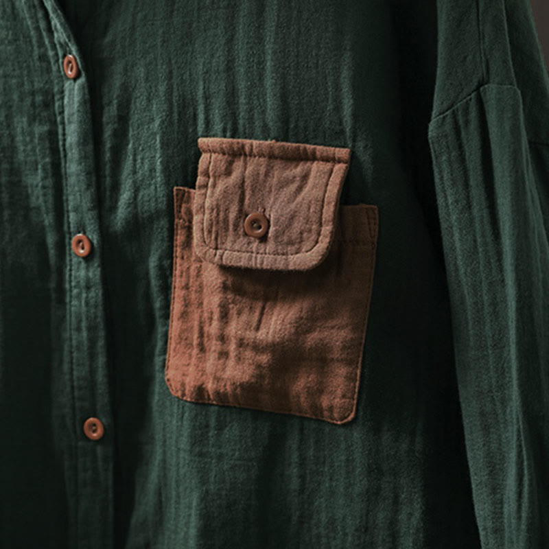 Camicia da donna in cotone a maniche lunghe con bottoni a contrasto e tasche Buddha Stones Fall - image 6