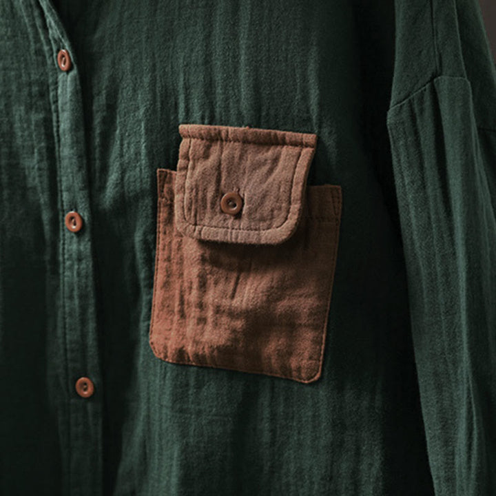 Camicia da donna in cotone a maniche lunghe con bottoni a contrasto e tasche Buddha Stones Fall - image 6