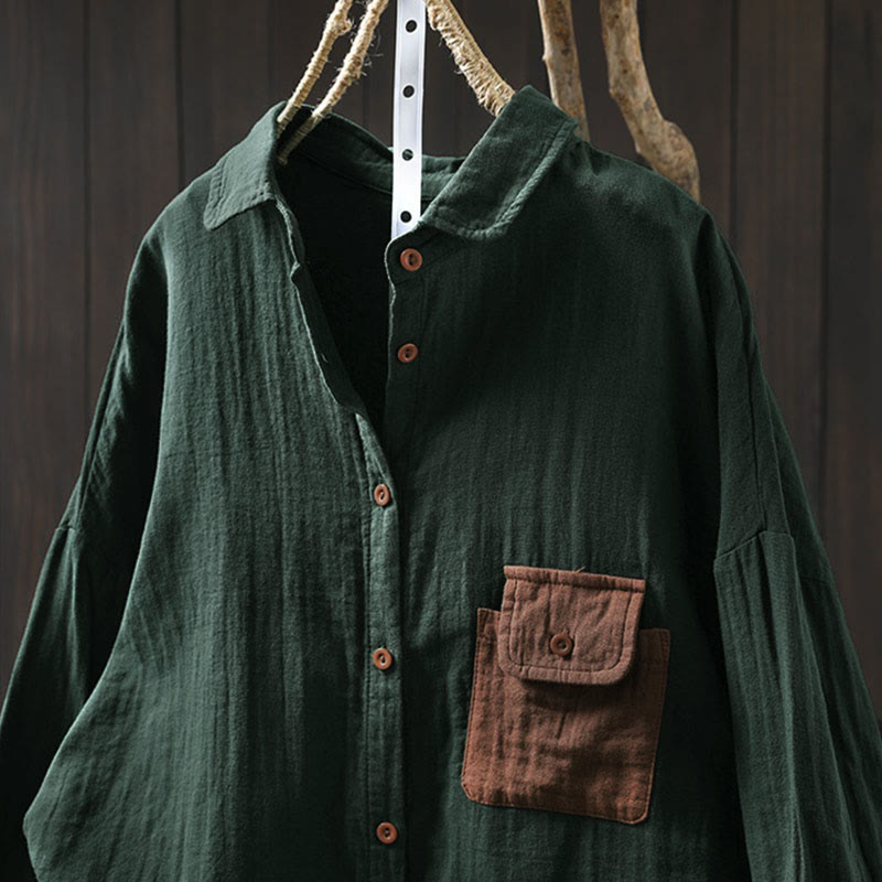 Camicia da donna in cotone a maniche lunghe con bottoni a contrasto e tasche Buddha Stones Fall - image 2