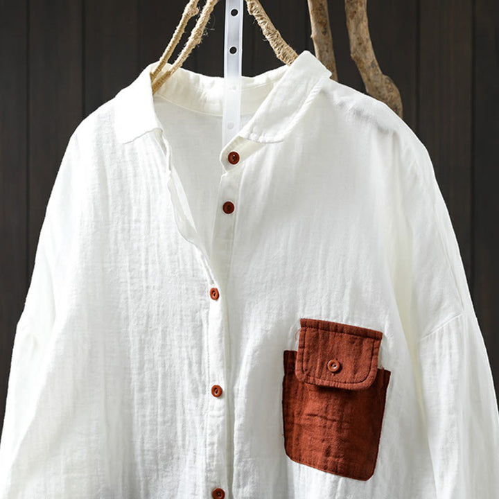 Camicia da donna in cotone a maniche lunghe con bottoni a contrasto e tasche Buddha Stones Fall - image 13