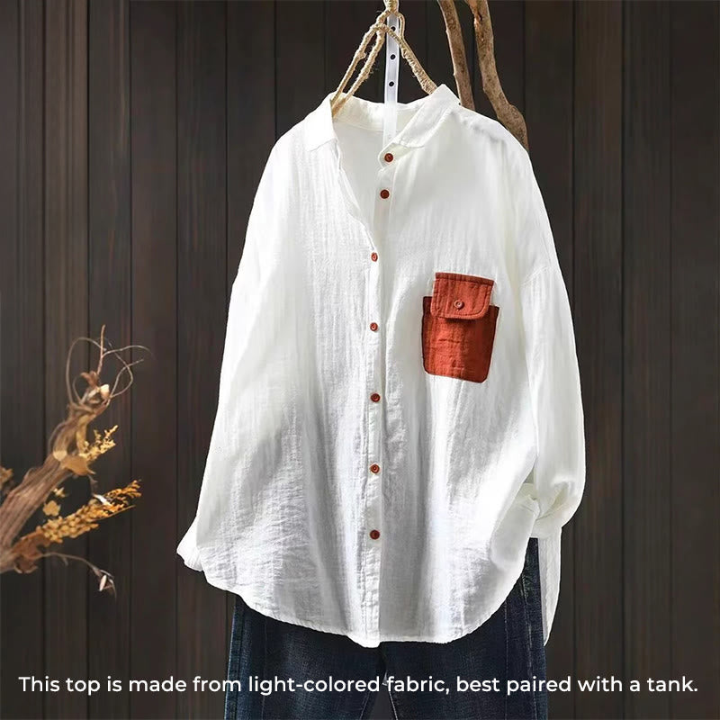 Camicia da donna in cotone a maniche lunghe con bottoni a contrasto e tasche Buddha Stones Fall - image 12