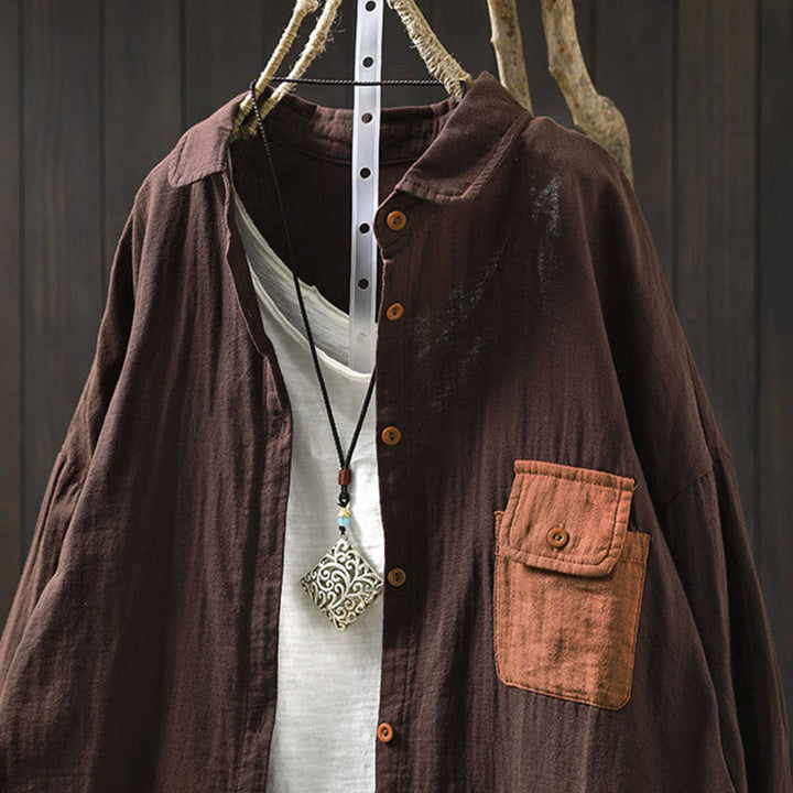 Camicia da donna in cotone a maniche lunghe con bottoni a contrasto e tasche Buddha Stones Fall - image 21