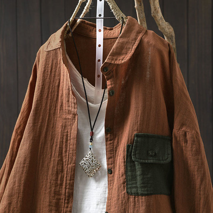 Camicia da donna in cotone a maniche lunghe con bottoni a contrasto e tasche Buddha Stones Fall - image 16