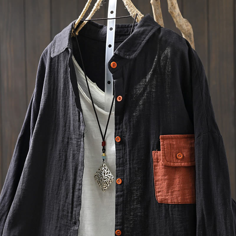 Camicia da donna in cotone a maniche lunghe con bottoni a contrasto e tasche Buddha Stones Fall - image 19