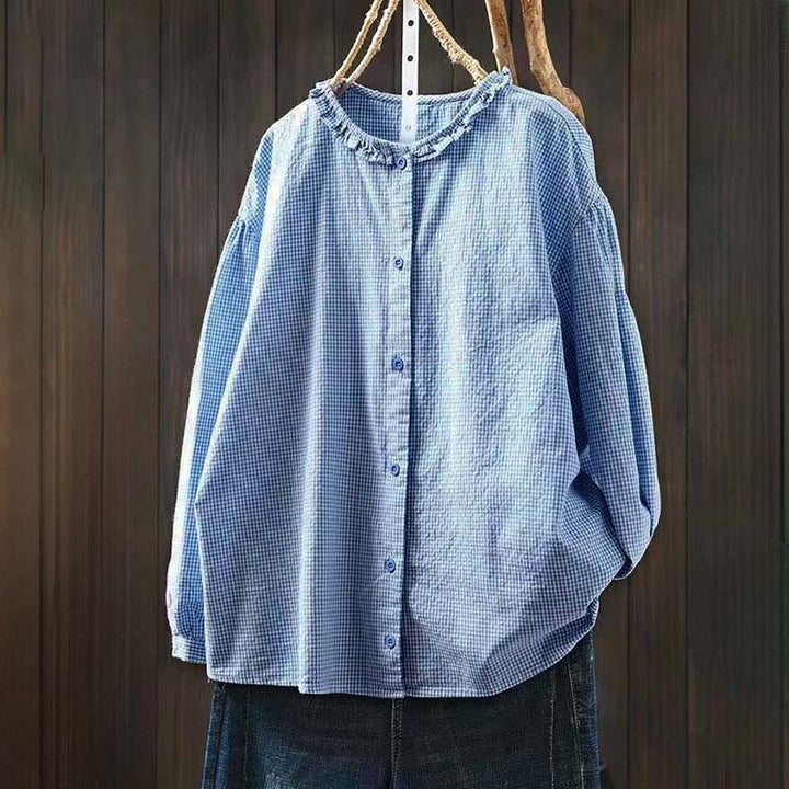 Camicia da donna in cotone a maniche lunghe con bottoni e motivo a quadri piccoli Buddha Stones Spring - AzzurroCielo Chiaro - US4, UK/AU8, EU36 (L) - image 0