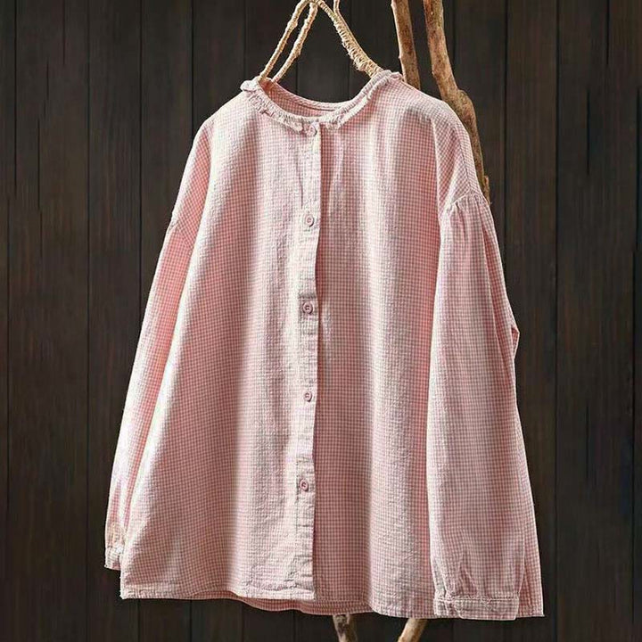 Camicia da donna in cotone a maniche lunghe con bottoni e motivo a quadri piccoli Buddha Stones Spring - Rosa chiaro - US4, UK/AU8, EU36 (L) - image 11
